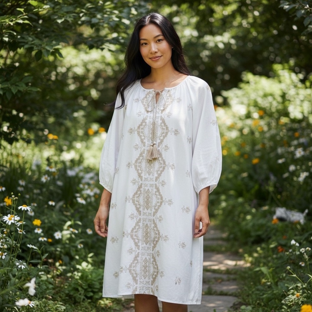 Chic‎ Connection White Embroidered Boho Peasant Tassel Shift Dress Womens Small